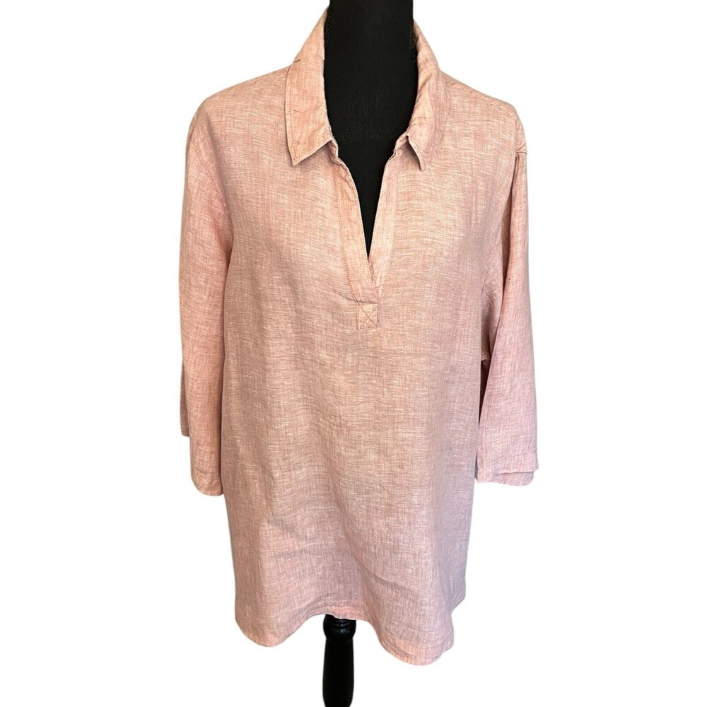 Sigrid Olsen Tunic Top Size 2X Linen 3/4 Sleeves V Neck Pullover Lagenlook